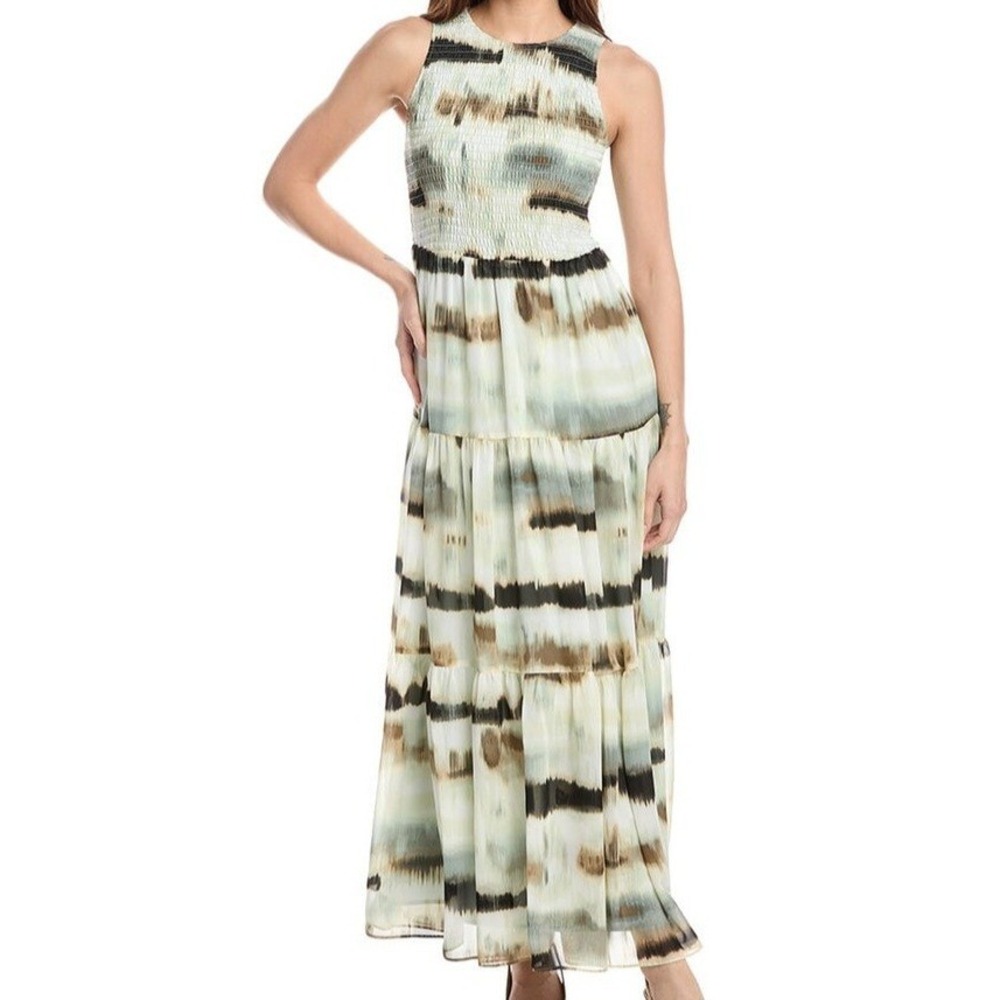 Anne Klein Smocked Bodice Tiered Sleeveless Maxi White Dove Dress Womens S NWT